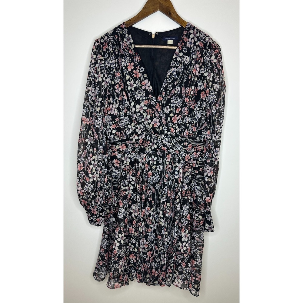 NEW Tommy Hilfiger Floral Metallic Chiffon V-Neck Dress Black Pink Size 10 - Picture 13 of 13